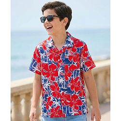 Pine Kids Cotton Woven Half Sleeves Shirt with Floral Print - Red