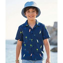 Pine Kids Cotton Woven Half Sleeves Shirt with Tropical Theme Print - Blue