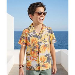 Pine Kids Cotton Woven Half Sleeves Shirt with Floral Print - Beige