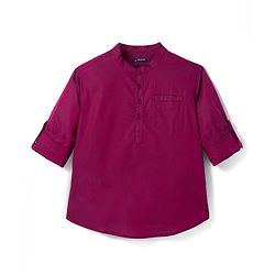 Pine Kids Cotton Woven Full Sleeves Mandarin Collar Solid Colour Shirt - Maroon