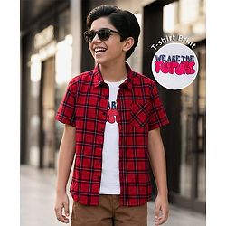 Pine Kids 100% Cotton Woven Half Sleeves Checks Sleeves With Sleeveless Tank T-Shirt With Text Print - Red
