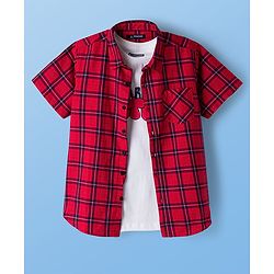 Pine Kids 100% Cotton Woven Half Sleeves Checks Sleeves With Sleeveless Tank T-Shirt With Text Print - Red