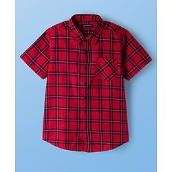 Pine Kids 100% Cotton Woven Half Sleeves Checks Sleeves With Sleeveless Tank T-Shirt With Text Print - Red