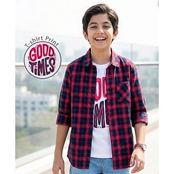 Pine Kids Cotton Woven Half Sleeves Checkered Shirt with Inner Tee - Red