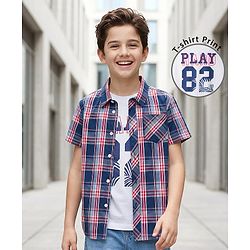 Pine Kids Cotton Woven Half Sleeves Checkered Shirt With T-Shirt - Multicolour