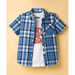 Pine Kids Cotton Woven Half Sleeves Checks Shirt With Printed Inner Tee - Blue