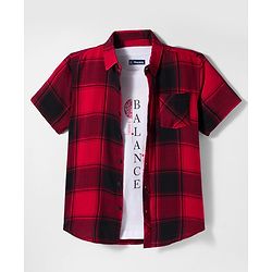 Pine Kids Cotton Woven Half Sleeves Checks Shirt With Text Printed T-Shirt - Red
