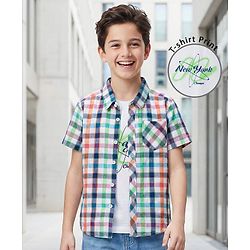 Pine Kids Cotton Woven Half Sleeves Checkered Shirt With T-Shirt - White