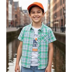 Pine Kids Cotton Woven Half Sleeves Checkered Shirt With T-Shirt - Multicolour