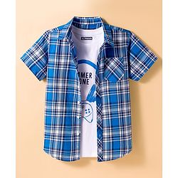 Pine Kids Cotton Woven Half Sleeves Checks Shirt With T-Shirt - Blue