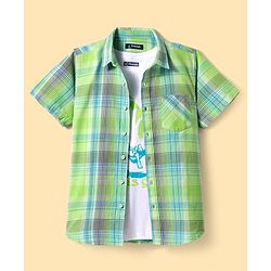 Pine Kids Cotton Woven Half Sleeves Checks Shirt With Text Printed T-Shirt - Green