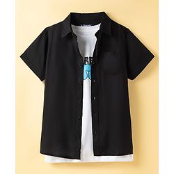 Pine Kids Viscose Woven Half  Sleeves Solid Shirt with Inner Tee - Black