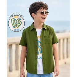 Pine Kids Viscose Woven Half Sleeves Solid Shirt with Inner Tee - Olive Green