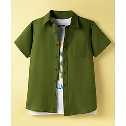 Pine Kids Viscose Woven Half Sleeves Solid Shirt with Inner Tee - Olive Green