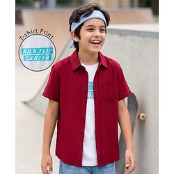 Pine Kids Viscose Woven Half Sleeves Solid Shirt with Inner Tee - Maroon