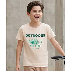 Pine Kids Cotton Knit Half Sleeves T-Shirt With New York Print - Beige