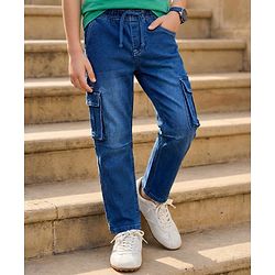 Pine Kids Denim Woven Full Length Washed Jeans With Cargo Pockets - Navy Blue