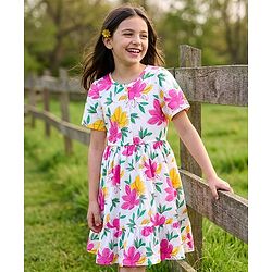 Pine Kids Cotton Knit Half Sleeves Frock With Floral Print - White