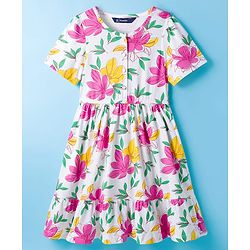 Pine Kids Cotton Knit Half Sleeves Frock With Floral Print - White
