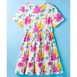 Pine Kids Cotton Knit Half Sleeves Frock With Floral Print - White