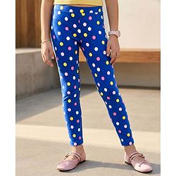 Pine Kids Cotton Lycra Knit Full Length Polka Dots Printed Leggings - Blue