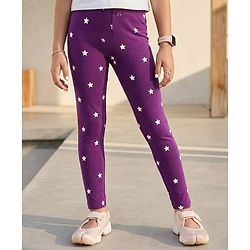 Pine Kids Cotton Lycra Knit Full Length Star Printed Leggings - Purple
