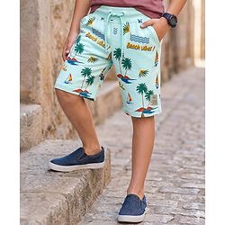 Pine Kids Looper Knit Shorts with Beach Theme Print - Sea Green
