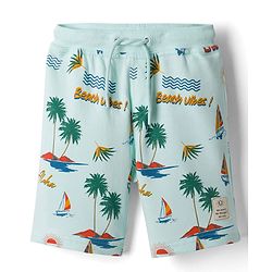 Pine Kids Looper Knit Shorts with Beach Theme Print - Sea Green