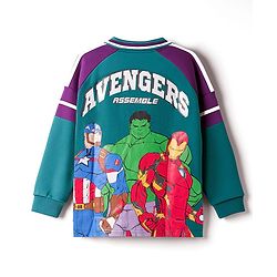 Pine Kids Marvel Terry Knit Drop Shoulder Full Raglan Sleeves Oversized Polo T-Shirt & Lounge Pant Set with Avengers Graphic - Teal Blue