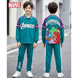 Pine Kids Marvel Terry Knit Drop Shoulder Full Raglan Sleeves Oversized Polo T-Shirt & Lounge Pant Set with Avengers Graphic - Teal Blue