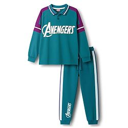 Pine Kids Marvel Terry Knit Drop Shoulder Full Raglan Sleeves Oversized Polo T-Shirt & Lounge Pant Set with Avengers Graphic - Teal Blue