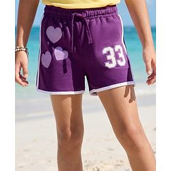Pine Kids Looper Knit Mid Thigh Length Shorts with Numerical &  Heart Print- Purple