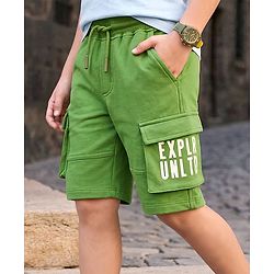 Pine Kids 100% Cotton Knit Shorts With Text Print & Cargo Pockets - Green