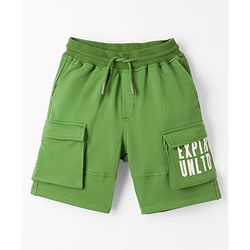 Pine Kids 100% Cotton Knit Shorts With Text Print & Cargo Pockets - Green