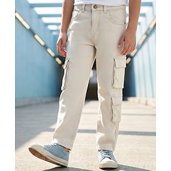 Pine Kids Denim Woven Full Length Jeans With Cargo Pocket - Off White