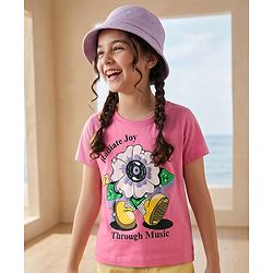 Pine Kids Cotton Knit Half Sleeves T-Shirt With Floral Print - Pink