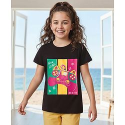 Pine Kids Cotton Knit Half Sleeves T-Shirt With Controller Print - Black