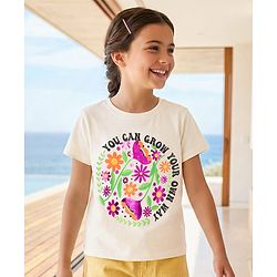 Pine Kids 100% Cotton Knit Half Sleeves Floral Printed T-Shirt - White