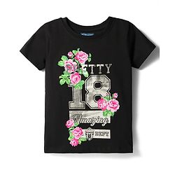 Pine Kids 100% Cotton Knit Half Sleeves Floral Printed T-Shirt - Black