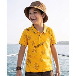 Pine Kids 100% Cotton Knit Half Sleeves Aeroplane Printed T-Shirt - Golden