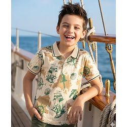 Pine Kids Cotton Knit Half Sleeves Polo T-Shirt with Nautical Theme Print - Beige