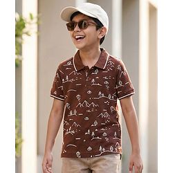 Pine Kids 100% Cotton Knit Half Sleeves Mountains Printed Polo T-Shirt - Brown