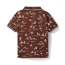 Pine Kids 100% Cotton Knit Half Sleeves Mountains Printed Polo T-Shirt - Brown