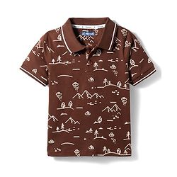 Pine Kids 100% Cotton Knit Half Sleeves Mountains Printed Polo T-Shirt - Brown