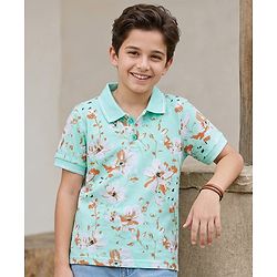Pine Kids 100% Cotton Half Sleeves Floral Printed T-Shirt - Turquoise