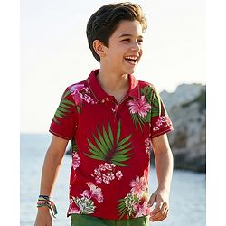 Pine Kids 100% Cotton Knit Half Sleeves Floral Printed Polo T-Shirt - Maroon