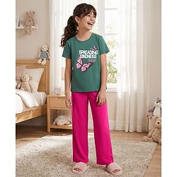 Pine Kids Single Jersey Knit Half Sleeves T-Shirt & Pyjama Night Suit With Butterfly Print - Green & Pink