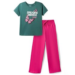 Pine Kids Single Jersey Knit Half Sleeves T-Shirt & Pyjama Night Suit With Butterfly Print - Green & Pink