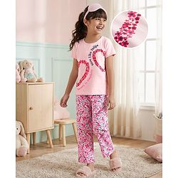 Pine Kids Single Jersey Knit Half Sleeves Top & Pajama Night Suit With Floral Print - Pink