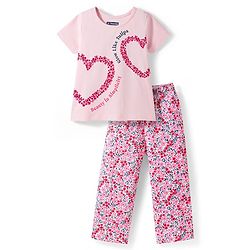 Pine Kids Single Jersey Knit Half Sleeves Top & Pajama Night Suit With Floral Print - Pink